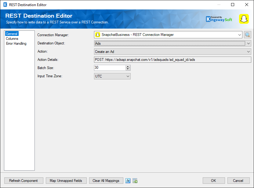 SSIS Snapchat Business Destination Component